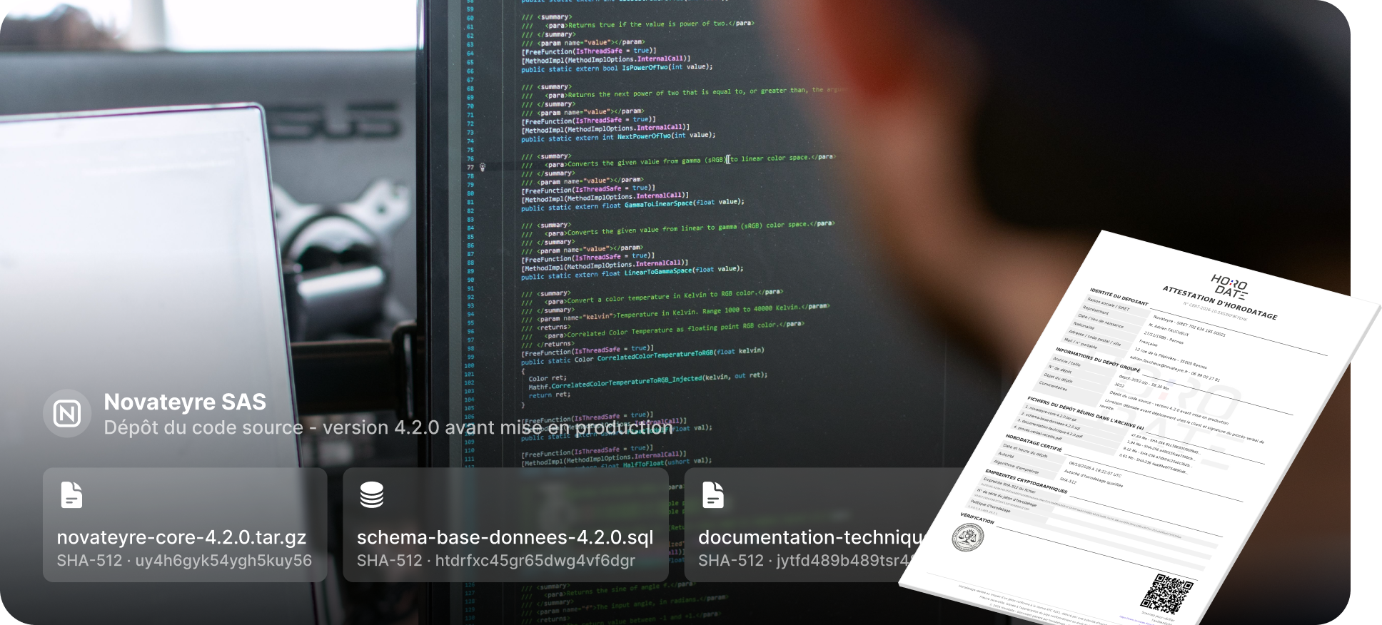 Exemple de dépôt de code source horodaté, avec l'attestation délivrée