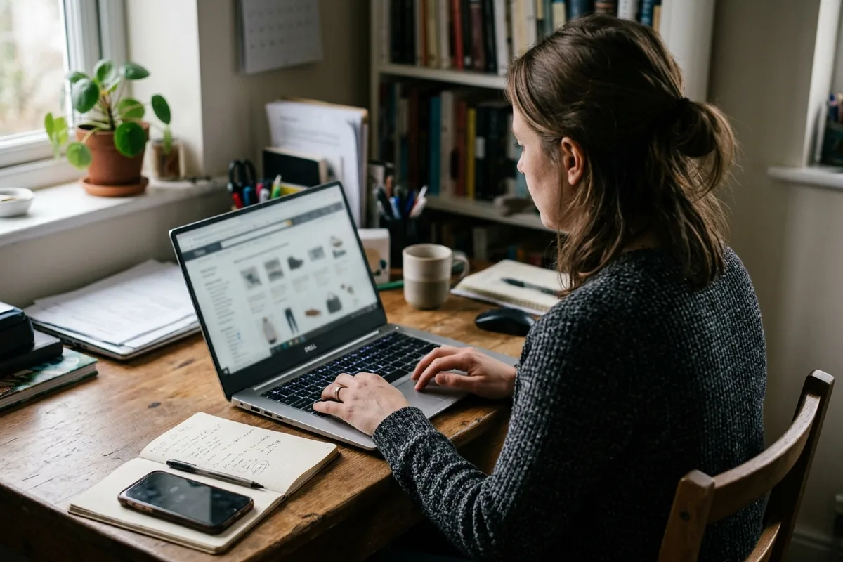 Femme consultant un site marchand sur son ordinateur portable
