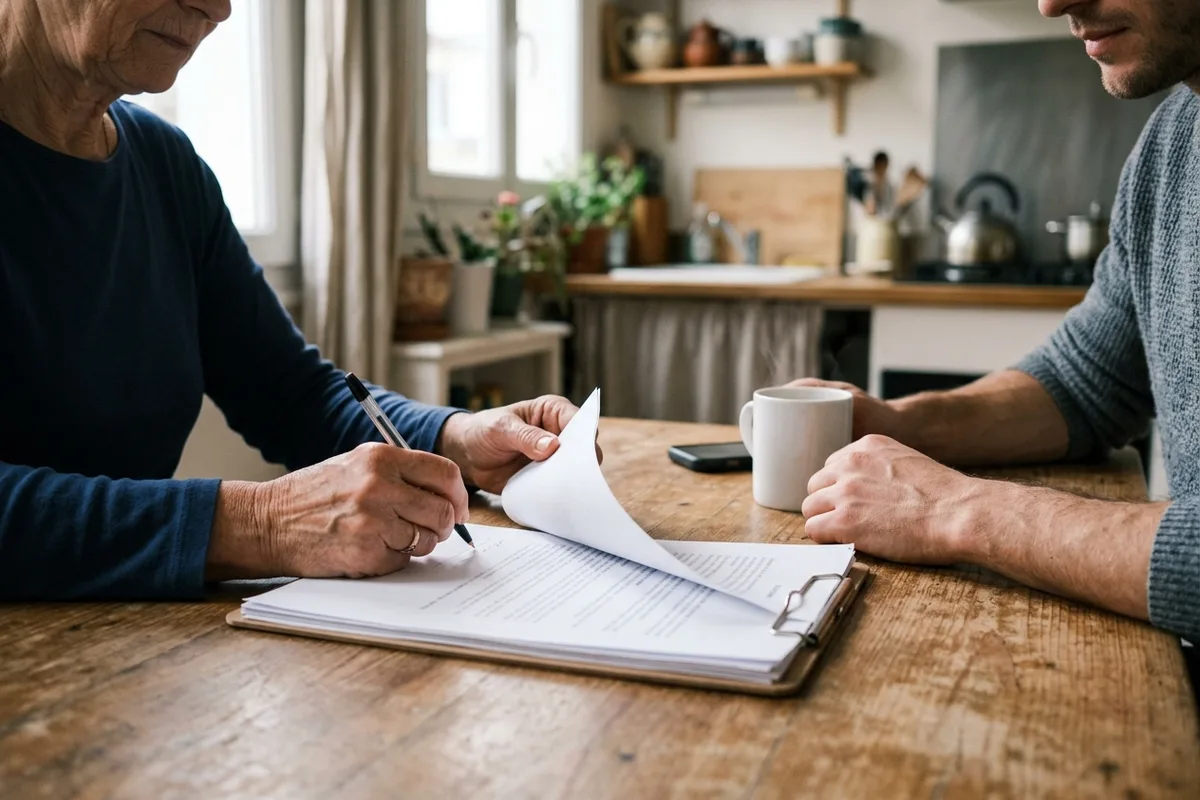 Signature d'un contrat papier sur une table de cuisine