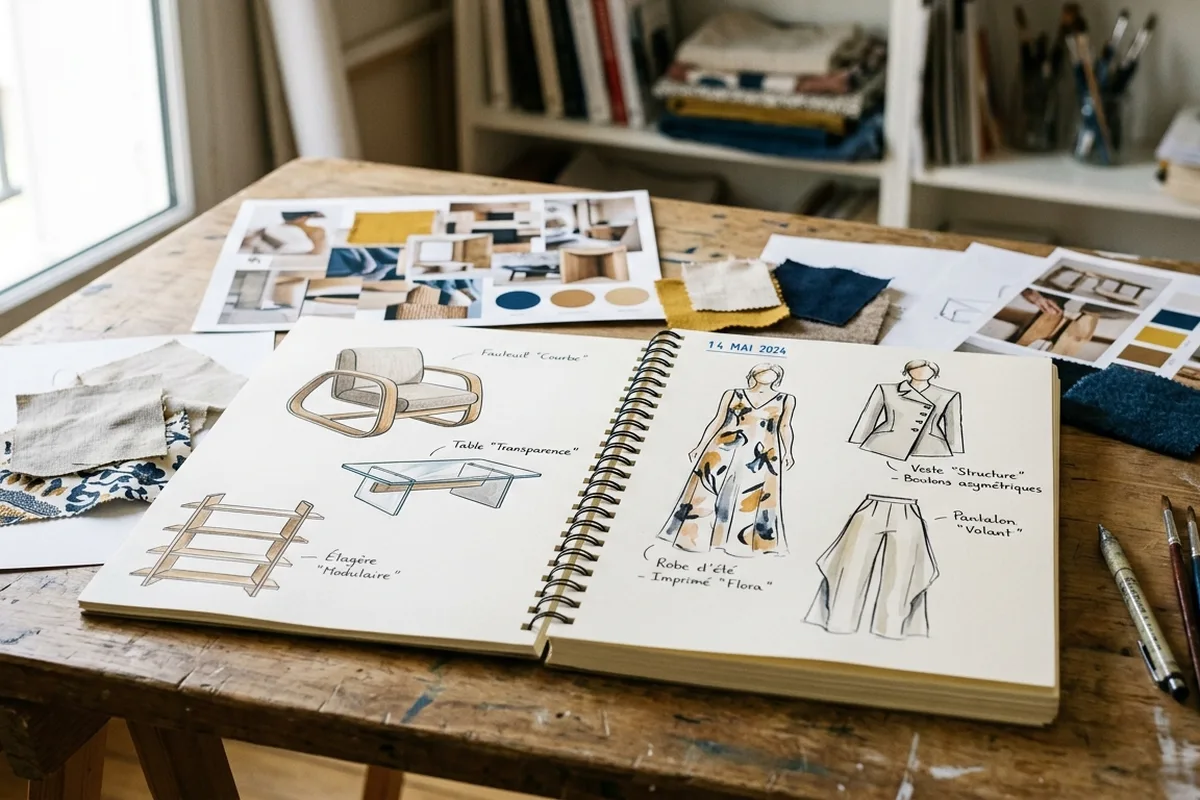Carnet de croquis de mode et de mobilier sur une table d'atelier