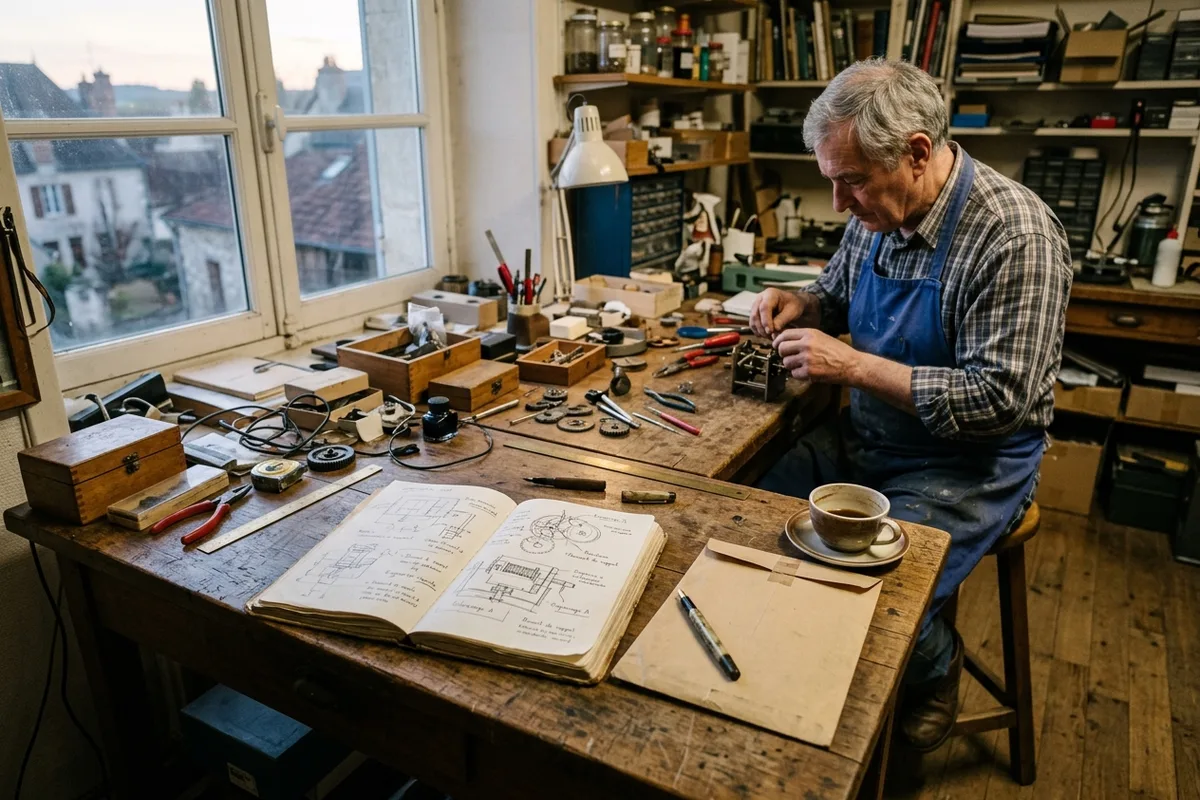 Inventeur dans son atelier, carnet de schémas et enveloppe kraft sur l'établi