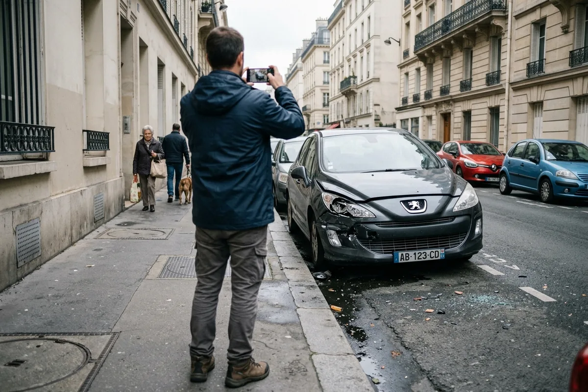 Homme photographiant une voiture accidentée dans une rue