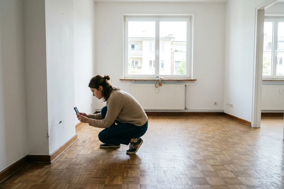 Locataire photographiant un mur dans un appartement vide