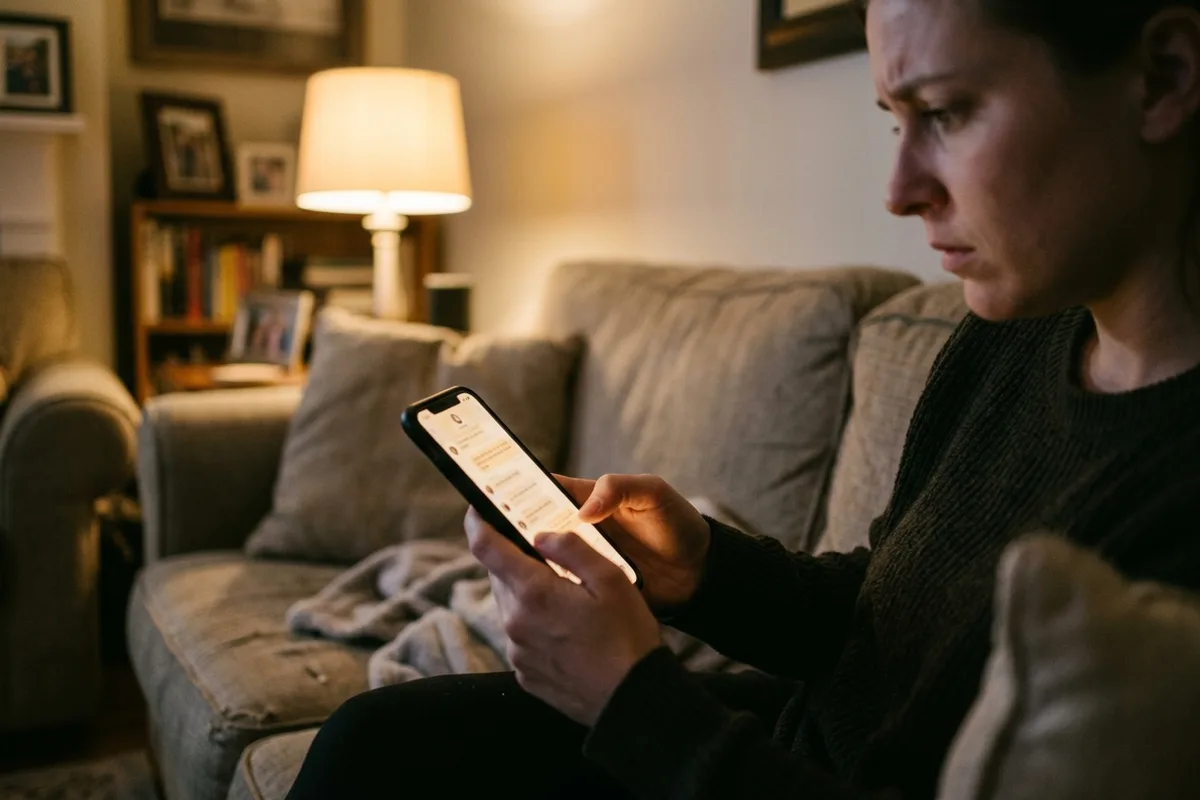 Personne lisant une conversation sur son téléphone, le soir