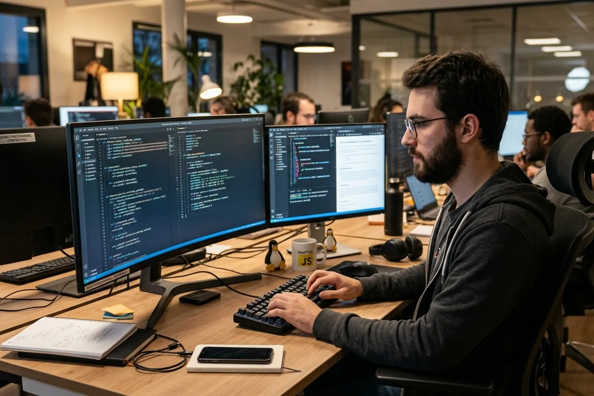 Développeur devant des écrans affichant du code