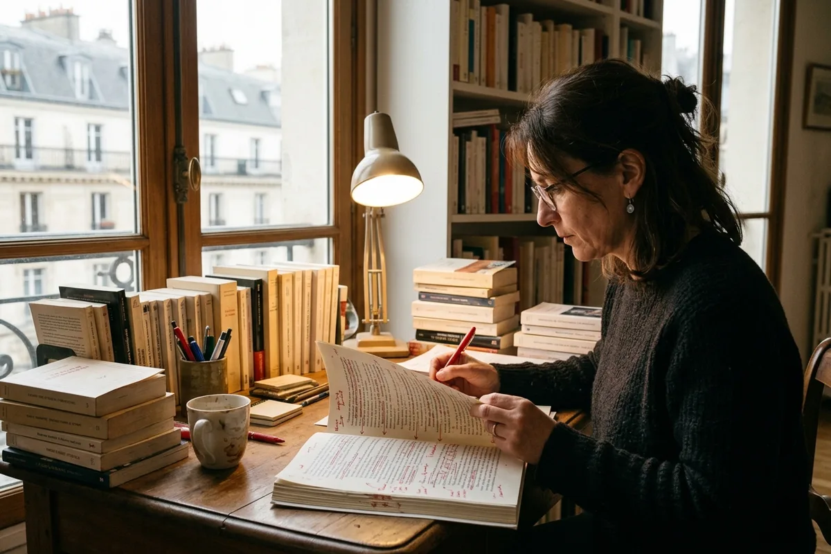 Autrice relisant son manuscrit à son bureau
